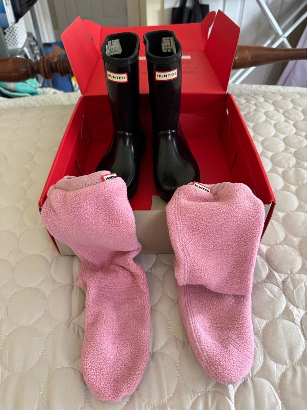 Hunter Black Rain Boots with Pink Fleece Liners